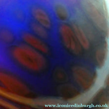 Load image into Gallery viewer, Vintage 1980s OKRA Style Cobalt Blue Glass Vase with Metallic and Red Lustre Swirls
