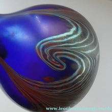 Load image into Gallery viewer, Vintage 1980s OKRA Style Cobalt Blue Glass Vase with Metallic and Red Lustre Swirls
