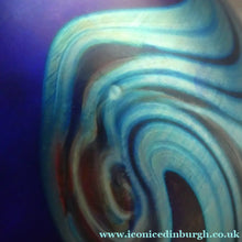 Load image into Gallery viewer, Vintage 1980s OKRA Style Cobalt Blue Glass Vase with Metallic and Red Lustre Swirls
