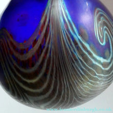 Load image into Gallery viewer, Vintage 1980s OKRA Style Cobalt Blue Glass Vase with Metallic and Red Lustre Swirls
