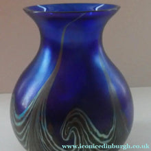 Load image into Gallery viewer, Vintage 1980s OKRA Style Cobalt Blue Glass Vase with Metallic and Red Lustre Swirls
