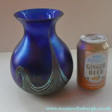 Load image into Gallery viewer, Vintage 1980s OKRA Style Cobalt Blue Glass Vase with Metallic and Red Lustre Swirls
