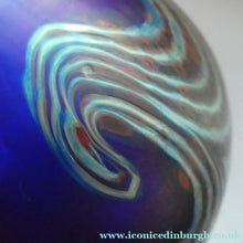 Load image into Gallery viewer, Vintage 1980s OKRA Style Cobalt Blue Glass Vase with Metallic and Red Lustre Swirls
