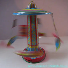 Load image into Gallery viewer, Products Vintage 2000 SCHYLLING Rocket Ride Carousel. Tin Plate Clockwork. Rotating Rockets. BOXED
