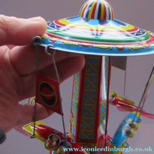 Load image into Gallery viewer, Products Vintage 2000 SCHYLLING Rocket Ride Carousel. Tin Plate Clockwork. Rotating Rockets. BOXED
