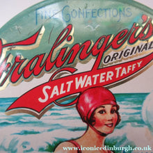 Load image into Gallery viewer, Vintage American Toffee Tin. FRALINGER'S Salt Water Taffy. Atlantic City Image
