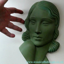 Load image into Gallery viewer, Vintage Art Deco 1930s Wall Mask by G. Leonardi. Hollywood Glamour. Original Green Patina
