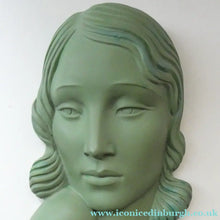 Load image into Gallery viewer, Vintage Art Deco 1930s Wall Mask by G. Leonardi. Hollywood Glamour. Original Green Patina
