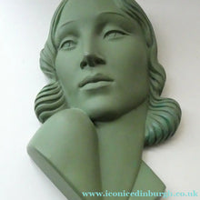 Load image into Gallery viewer, Vintage Art Deco 1930s Wall Mask by G. Leonardi. Hollywood Glamour. Original Green Patina
