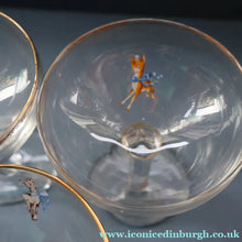 Load image into Gallery viewer, Random VINTAGE Babycham. One 1950s White Deer Logos and Two 1960s Prancing Deers - British Glass
