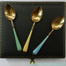 Load image into Gallery viewer, Set of 8 Silver Gilt Enamel Teaspoons Fitted Case
