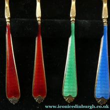 Load image into Gallery viewer, Set of 8 Silver Gilt Enamel Teaspoons Fitted Case
