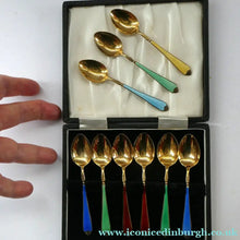 Load image into Gallery viewer, Set of 8 Silver Gilt Enamel Teaspoons Fitted Case
