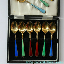 Load image into Gallery viewer, Set of 8 Silver Gilt Enamel Teaspoons Fitted Case
