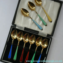 Load image into Gallery viewer, Set of 8 Silver Gilt Enamel Teaspoons Fitted Case
