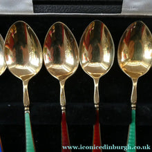 Load image into Gallery viewer, Set of 8 Silver Gilt Enamel Teaspoons Fitted Case
