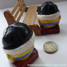 Load image into Gallery viewer, Vintage CRUET SET. Strange Novelty Ceramic Elizabethan Court Figures Sitting on a Wooden Bench
