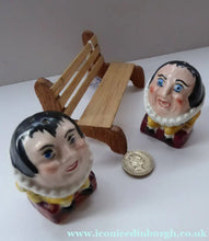 Load image into Gallery viewer, Vintage CRUET SET. Strange Novelty Ceramic Elizabethan Court Figures Sitting on a Wooden Bench
