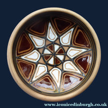 Load image into Gallery viewer, Vintage DANISH Art Pottery Flat Bowl. Attractive Geometric Design. Impressed mark for ABBEDNAES Pottery, Denmark below
