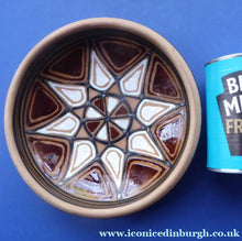 Load image into Gallery viewer, Vintage DANISH Art Pottery Flat Bowl. Attractive Geometric Design. Impressed mark for ABBEDNAES Pottery, Denmark below
