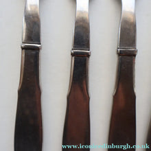 Load image into Gallery viewer, Vintage Danish GEORG JENSEN Stainless Steel RAADVAD FOUR Dessert Forks and THREE Knives (Mitra Shape)
