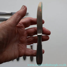 Load image into Gallery viewer, Vintage Danish GEORG JENSEN Stainless Steel RAADVAD FOUR Dessert Forks and THREE Knives (Mitra Shape)
