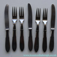 Load image into Gallery viewer, Vintage Danish GEORG JENSEN Stainless Steel RAADVAD FOUR Dessert Forks and THREE Knives (Mitra Shape)
