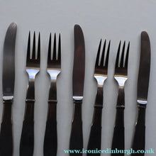 Load image into Gallery viewer, Vintage Danish GEORG JENSEN Stainless Steel RAADVAD FOUR Dessert Forks and THREE Knives (Mitra Shape)
