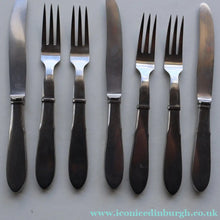 Load image into Gallery viewer, Vintage Danish GEORG JENSEN Stainless Steel RAADVAD FOUR Dessert Forks and THREE Knives (Mitra Shape)
