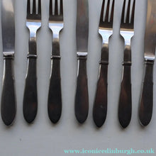 Load image into Gallery viewer, Vintage Danish GEORG JENSEN Stainless Steel RAADVAD FOUR Dessert Forks and THREE Knives (Mitra Shape)
