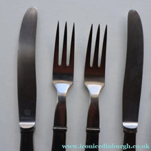 Load image into Gallery viewer, Vintage Danish GEORG JENSEN Stainless Steel RAADVAD FOUR Dessert Forks and THREE Knives (Mitra Shape)
