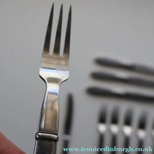 Load image into Gallery viewer, Vintage Danish GEORG JENSEN Stainless Steel RAADVAD FOUR Dessert Forks and THREE Knives (Mitra Shape)
