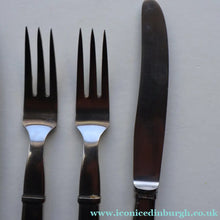 Load image into Gallery viewer, Vintage Danish GEORG JENSEN Stainless Steel RAADVAD FOUR Dessert Forks and THREE Knives (Mitra Shape) 
