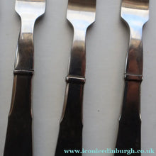 Load image into Gallery viewer, Vintage Danish GEORG JENSEN Stainless Steel RAADVAD FOUR Dessert Forks and THREE Knives (Mitra Shape)
