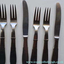 Load image into Gallery viewer, Vintage Danish GEORG JENSEN Stainless Steel RAADVAD FOUR Dessert Forks and THREE Knives (Mitra Shape)
