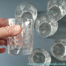 Load image into Gallery viewer, Vintage Edinburgh Crystal Small WHISKY Tumblers. STAR OF EDINBURGH Pattern. Set of Six; 3 inches
