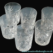 Load image into Gallery viewer, Vintage Edinburgh Crystal Small WHISKY Tumblers. STAR OF EDINBURGH Pattern. Set of Six; 3 inches
