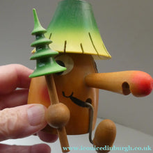 Load image into Gallery viewer, Vintage German Erzgebirge Wooden Handmade Incense Smoker: Strange Cartoon Woodsman with Christmas Tree
