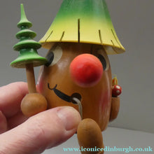 Load image into Gallery viewer, Vintage German Erzgebirge Wooden Handmade Incense Smoker: Strange Cartoon Woodsman with Christmas Tree
