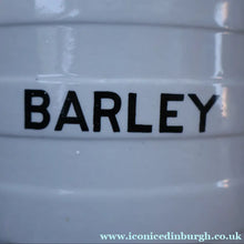 Load image into Gallery viewer, Vintage Grimwades Style White Hooped Household Jar or Canister. BARLEY (black letters)
