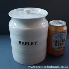 Load image into Gallery viewer, Vintage Grimwades Style White Hooped Household Jar or Canister. BARLEY (black letters)
