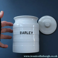 Load image into Gallery viewer, Vintage Grimwades Style White Hooped Household Jar or Canister. BARLEY (black letters)
