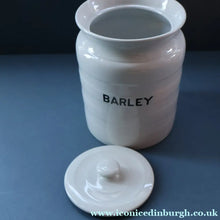 Load image into Gallery viewer, Vintage Grimwades Style White Hooped Household Jar or Canister. BARLEY (black letters)
