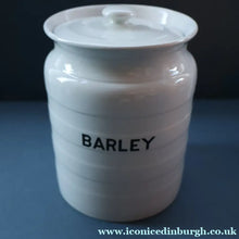 Load image into Gallery viewer, Vintage Grimwades Style White Hooped Household Jar or Canister. BARLEY (black letters)
