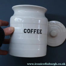 Load image into Gallery viewer, Vintage Grimwades Style White Hooped Household Jar or Canister. COFFEE (black letters)
