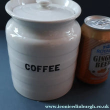 Load image into Gallery viewer, Vintage Grimwades Style White Hooped Household Jar or Canister. COFFEE (black letters)
