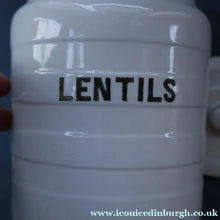 Load image into Gallery viewer, Vintage Grimwades Style White Hooped Household Jar or Canister. LENTILS (black letters)
