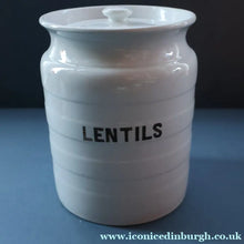 Load image into Gallery viewer, Vintage Grimwades Style White Hooped Household Jar or Canister. LENTILS (black letters)
