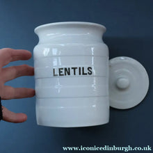 Load image into Gallery viewer, Vintage Grimwades Style White Hooped Household Jar or Canister. LENTILS (black letters)
