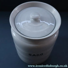 Load image into Gallery viewer, Vintage Grimwades Style White Hooped Household Jar or Canister. SAGO (black letters)
